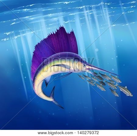Figure Sail Fish hunt for a flock of fish painting