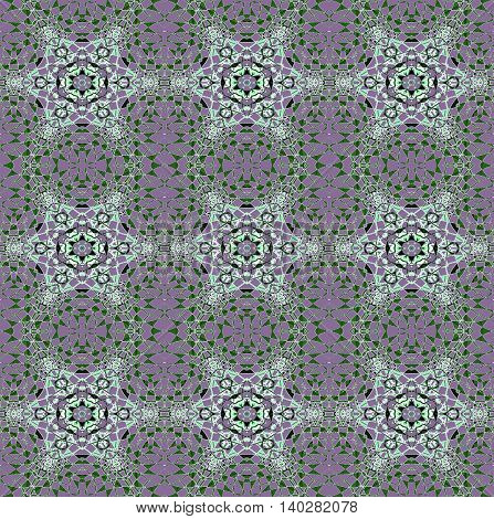 Abstract geometric seamless background. Delicate regular stars pattern mint green and black with dark green elements on purple.