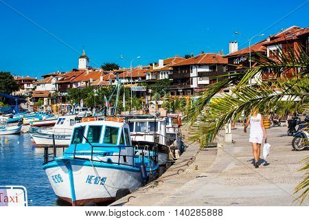 Nessebar, Bulgaria - July 25, 2016: Port, cruise boats and old town view in Nesebar in Bulgaria