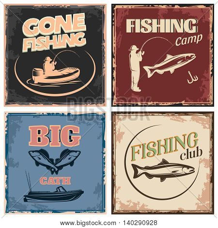 Fishing retro compositions with icon set and gone fishing fishing camp big catch descriptions vector illustration