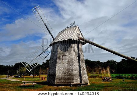 Brewster Massachusetts - July 14 2015: 18th century smock windmill at the Higgins Farm historic site on Cape Cod *