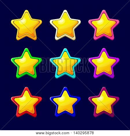 Vector illustration. Set of Cartoon Stars.Cartoon colorful glossy Star in different colors isolated on a dark background.Game icon.Vector design for app user interface and score display.Golden stars.