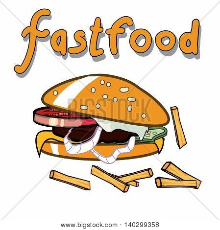 Vector image of tasty burger with fries. Isolated. Fastfood poster.
