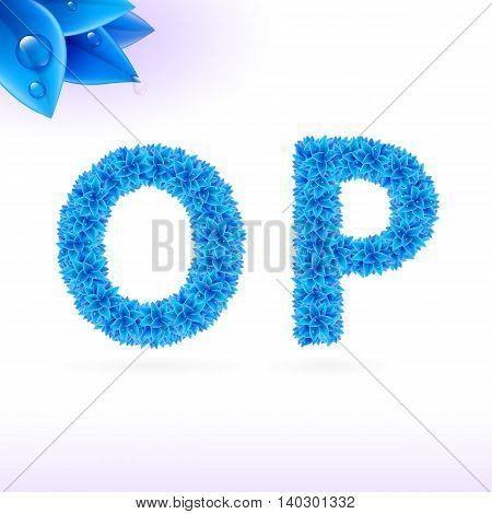 Sans serif font with blue leaf decoration on white background. O and P letters