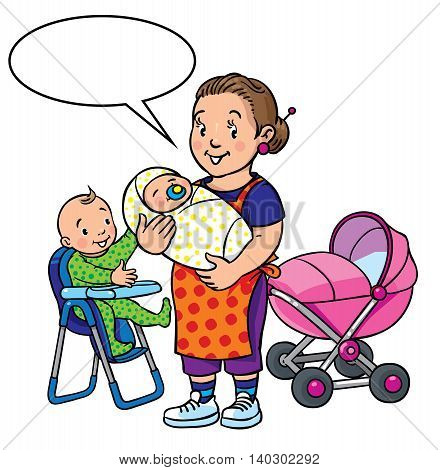 Children vector illustration of funny smiling woman, mother or nanny with a baby and another one on the highchair near the stroller. Profession ABC series. With balloon for text.