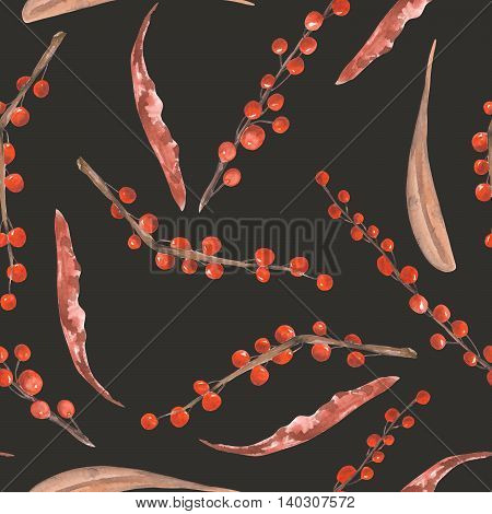 A seamless pattern with a floral autumn ornament of the watercolor red berries on the branches on a dark background