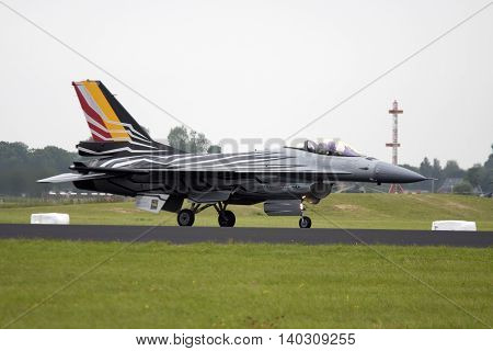 LEEUWARDEN, NETHERLANDS - JUNI 11 2016: F16 fighter jet of the Belgian Air Force during an air show