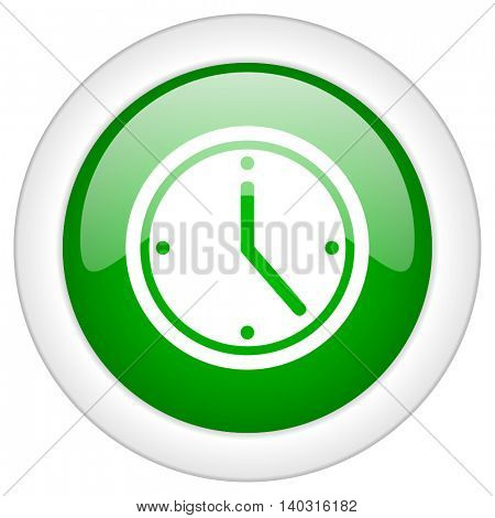 Green glossy round web clock vector icon