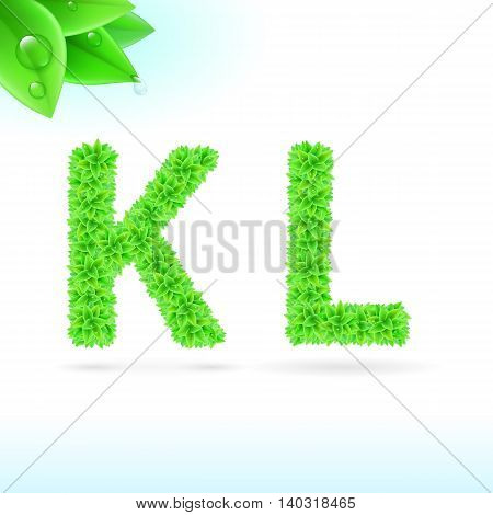 Sans serif font with green leaf decoration on white background. K and L letters
