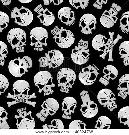Skeleton skulls seamless background. Wallpaper with vector pattern of craniums and crossbones