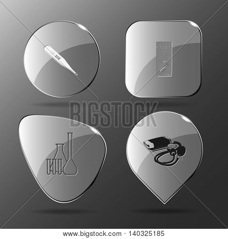 4 images: thermometer, glass with tablets, chemical test tubes, blood pressure. Medical set. Glass buttons. Vector illustration icon.