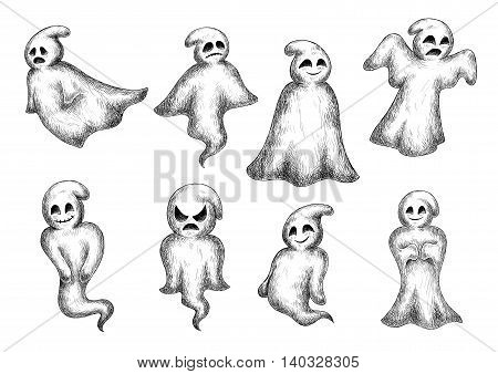 Halloween funny cartoon ghosts and spooks. Cute scary artistic bogey with face expressions. Vector icons set