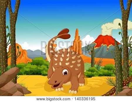 funny Ankylosaurus Dinosaur cartoon with forest landscape background