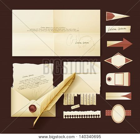 Set of Vintage design Elements. Envelope. Feather ad 1980s. Vintage badges