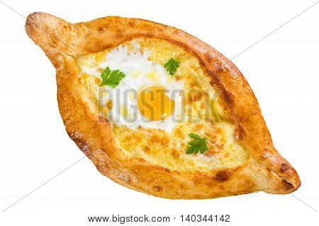 Ajarian khachapuri with egg isolated on white background authentic recipe view from above close-up