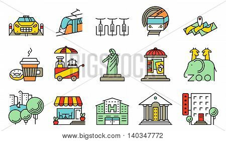 Vector line simple and thin locations and city icons set.