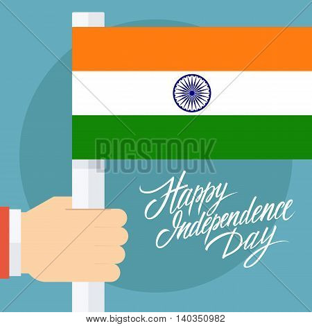 Indian Independence Day greeting card with male hand holding Indian flag. Vector illustration.