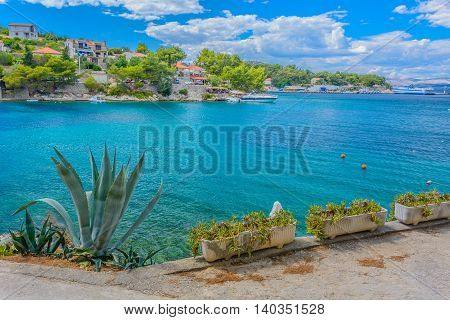 Beautiful landscape on Island of Solta, in town Rogac, summer seascape, Croatia Europe.