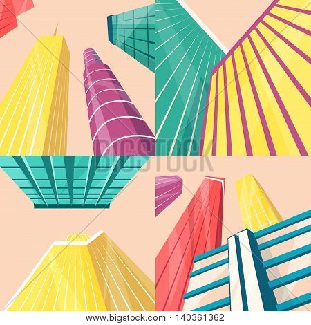 Skyscrapers in the city. Bottom view. Cartoon vector illustration. Vintage style. Buildings in downtown. Corporate architecture