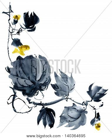 Yellow flower with bud. Oriental traditional painting in style sumi-e gohua.