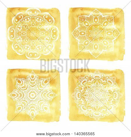 Hand drawn mandalas set with watercolor backgrounds