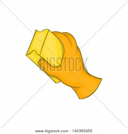 Hand in orange glove with rag icon in cartoon style on a white background