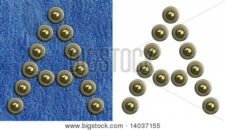 กางเกงยีนส์ rivet อักษรอักษรอ. บนพื้นหลังของกางเกงยีนส์ และแยก