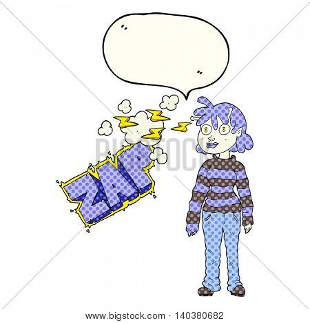 freehand drawn comic book speech bubble cartoon casual alien girl using telepathy