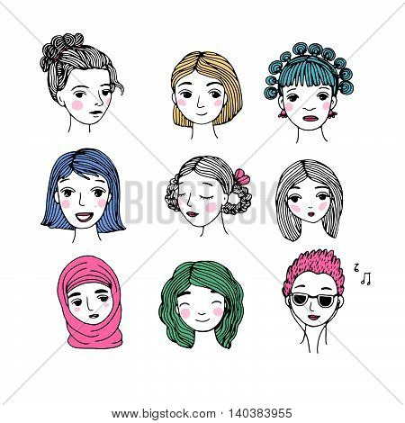 Different faces. Hand drawing isolated objects on white background. Vector illustration.