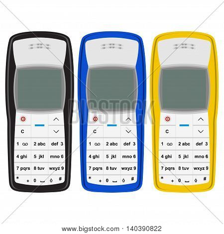 Vector set of the legendary mobile phone. Retro cell phone. Most popular cell phone in black blue and yellow colors.