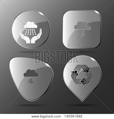 4 images: weather in hands, thunderstorm, snowfall, recycle symbol. Weather set. Glass buttons. Vector illustration icon.