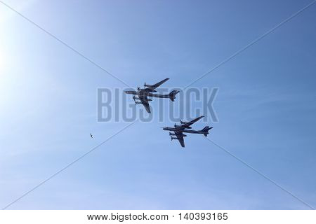Cold War russian nuclear weapon bombers fly together