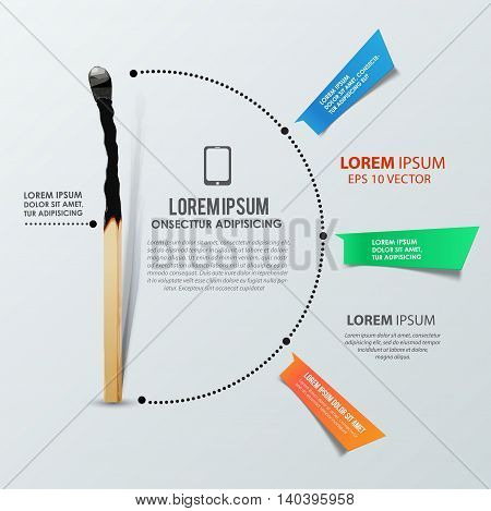 Infographics template with burned match. Report template. Vector illustration