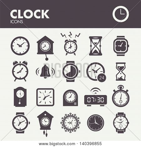 Clocks and time. Icons set in vector