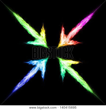 Four colorful fire arrows directed to the centre. Illustration on black background.