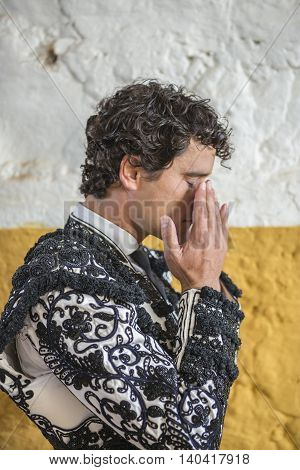 Andujar SPAIN - September 7 2014: Spainish bullfighter Miguel Abellan totally focused moments before leaving to fight in Bullring of Andujar Spain