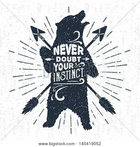 Hand drawn tribal badge with textured grizzly bear vector illustration and 