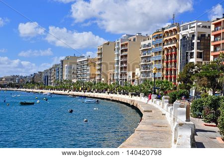 SLIEMA MALTA - MARCH 4: View of the promenade in Sliema town on March 4 2014. Sliema is a part of Valletta city the capital and the largest city of Malta.