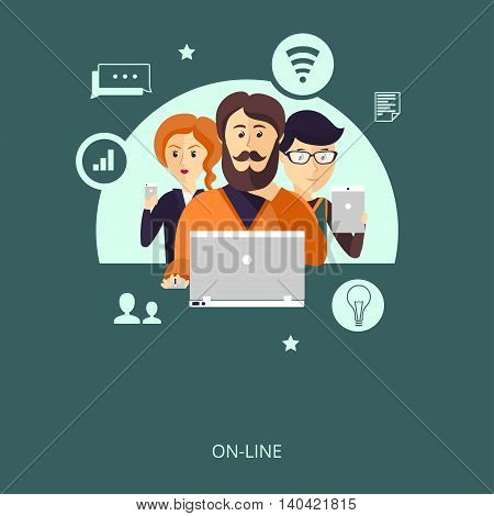 Vector illustration. Group of users with a variety of gadgets connected to the network. The concept of adaptive design or teamwork.