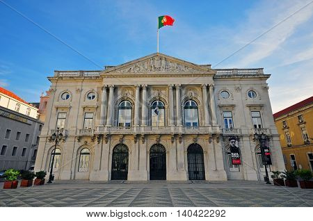 LISBON PORTUGAL - DECEMBER 21: City hall building on the square of Municipio in Lisbon on december 21 2013. Lisbon is a capital and the largest city of Portugal.