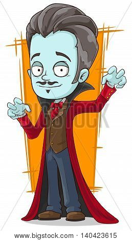A vector illustration of cartoon funny pale vampire in red cloak