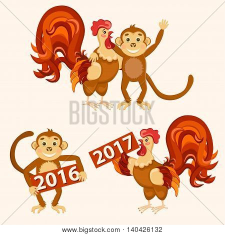 Cock with monkey set on a white background, isolated. Vector illustration.