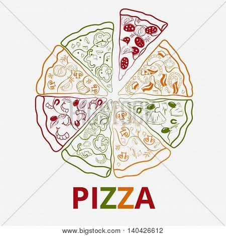 Vector contour pizza image composed of different pieces.
