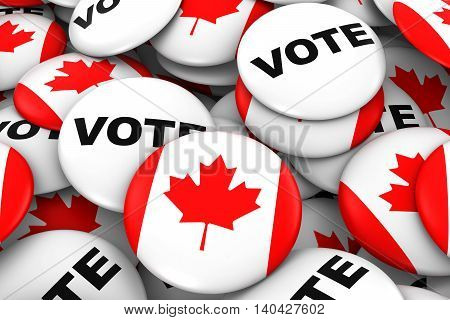 Canada Elections Concept - Canadian Flag And Vote Badges 3D Illustration