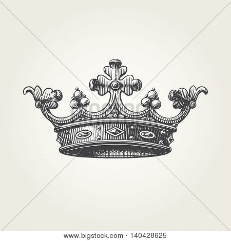 Hand drawn crown. Vintage engraved illustration in vector