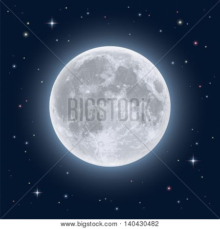 Realistic full moon. Detailed vector illustration of night sky