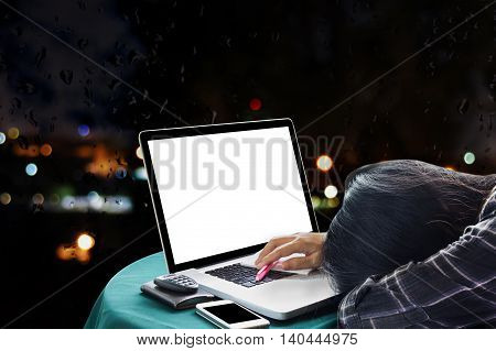 Women Tired Or Exhausted And Doze Off On Table With Laptop