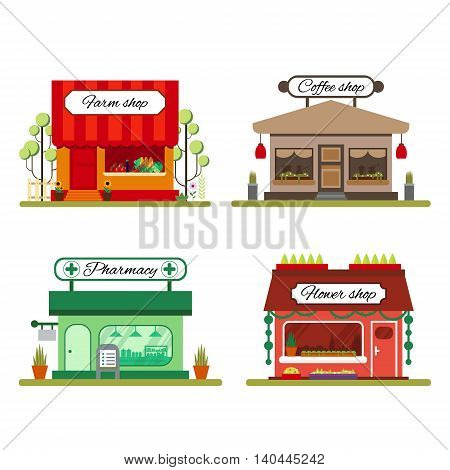 Set of different shops in flat style: farm product, coffee and flower store - vector illustration stock. Infographic elements. Market icon with showcases isolated on white background