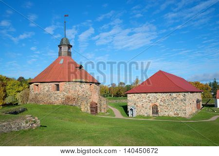 The building of the old Arsenal and the Round tower of the fortress Korela. Priozersk, Leningrad region, Russia