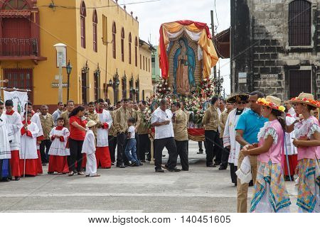 Leon Nicaragua - December 12 2015 Aborigen dancers in typical dress celebrating on the street